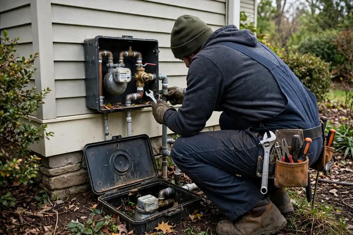 Close-up of a plumber installing a radiator pipe using specialized tools.