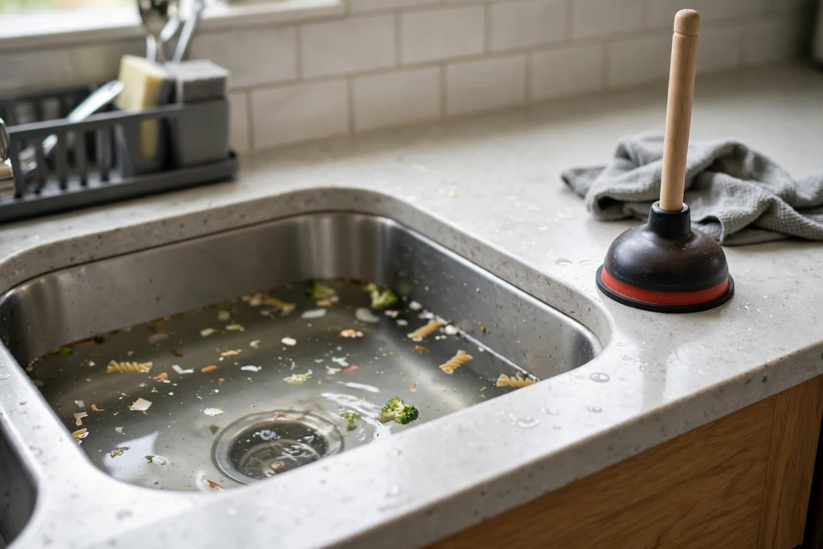 Black and white image of a kitchen sink filled with dishes and cutlery by the window.