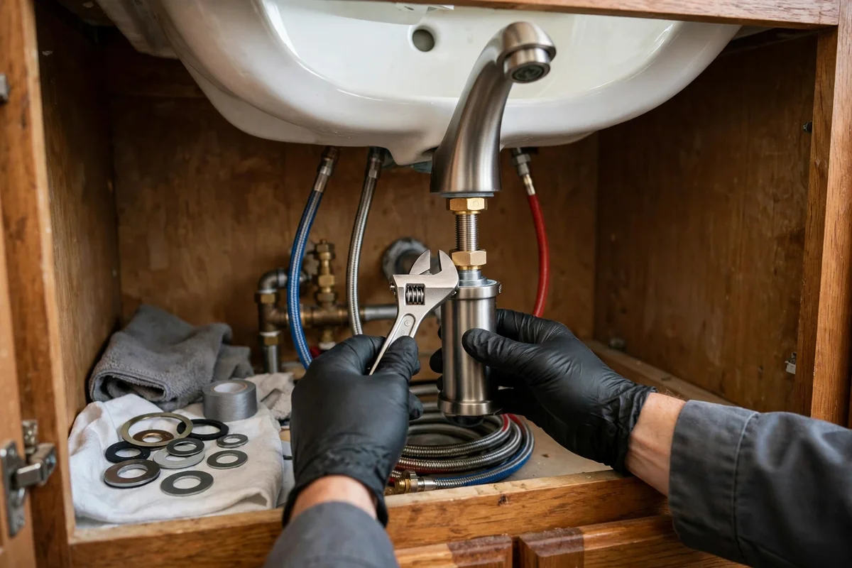 Muscular construction worker in overalls and helmet displaying strength and humor indoors.